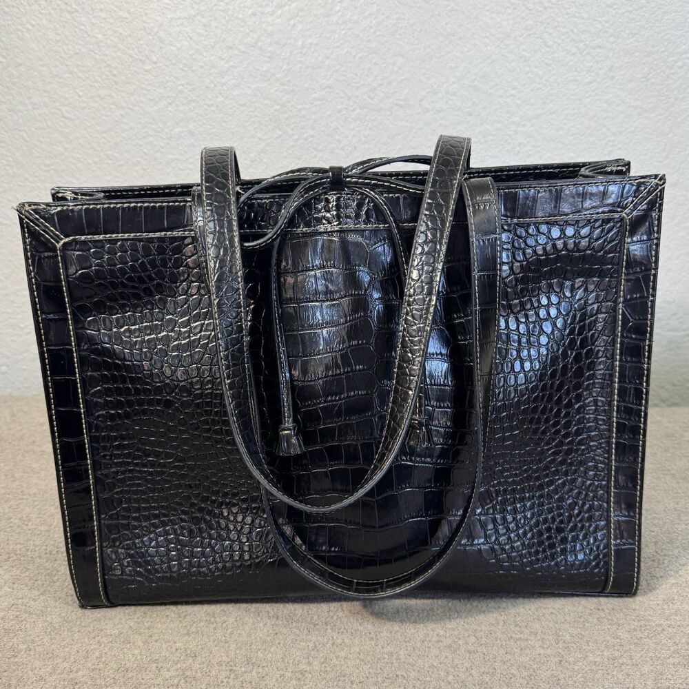 VTG Liz Claiborne Tote Bag Black Faux Croc 15x11 Structured Purse Wallet Mirror